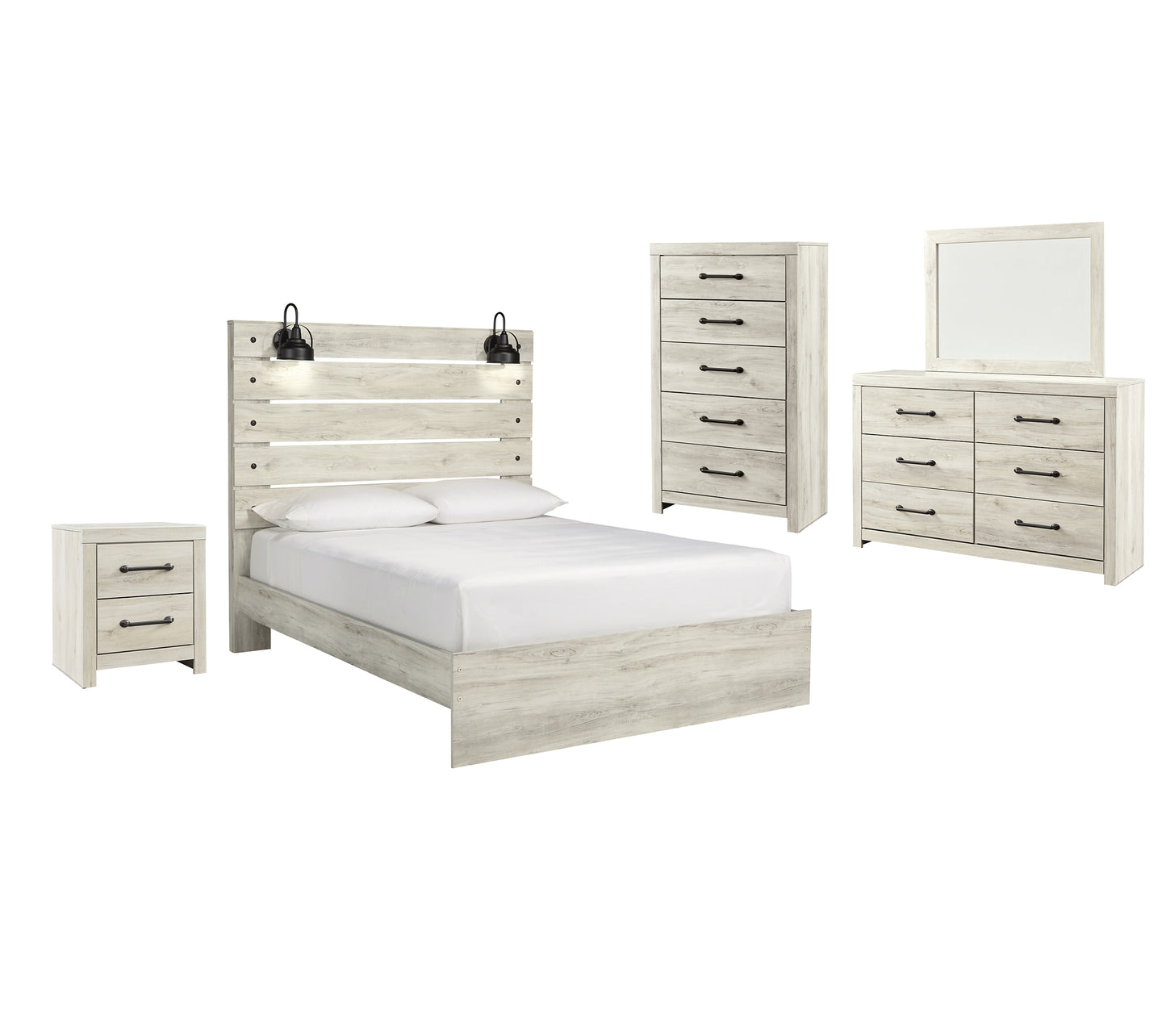 Cama Cambeck con paneles, cómoda con espejo y mesita de noche