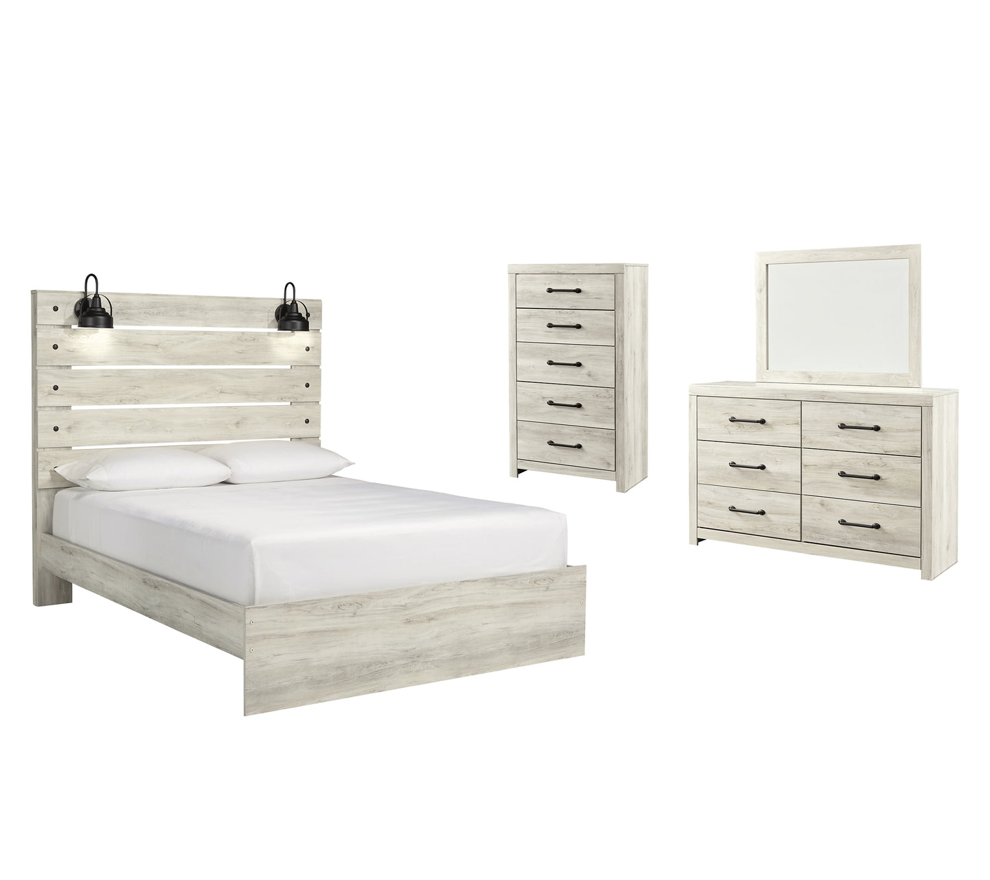 Cama con paneles Cambeck, cómoda con espejo y arcón