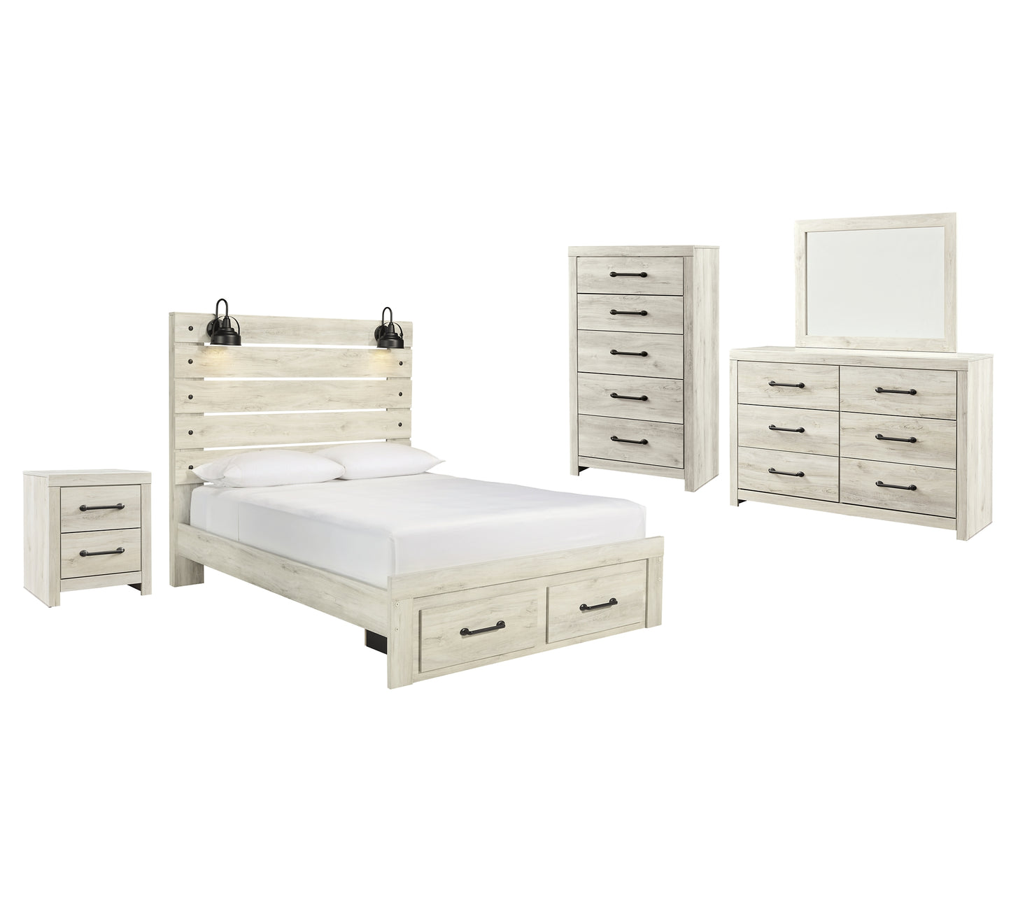 Cama Cambeck con dos cajones, cómoda con espejo y mesita de noche