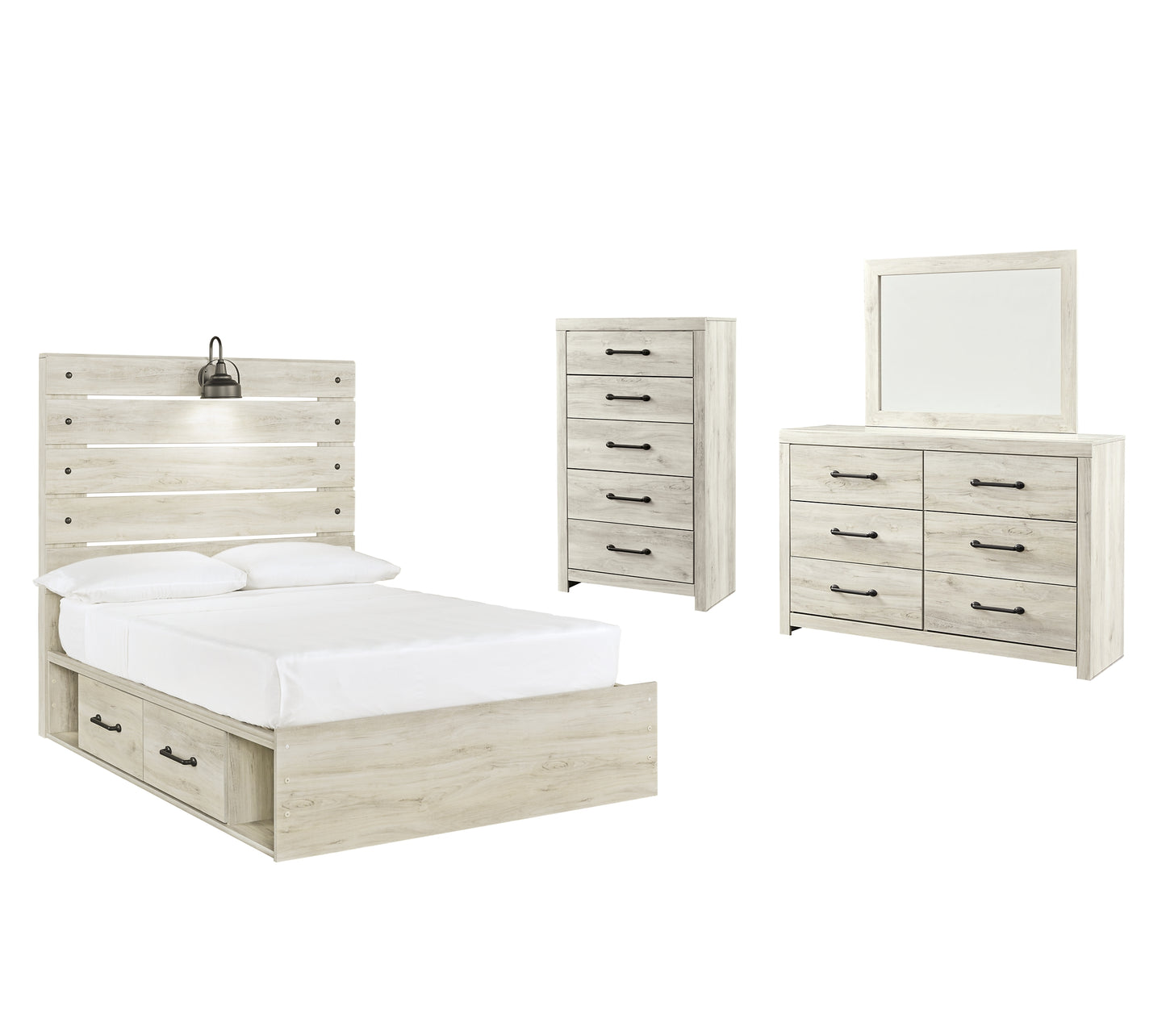 Cambeck Panel Bed With 4 Storage Drawers With Mirrored Dresser And Chest