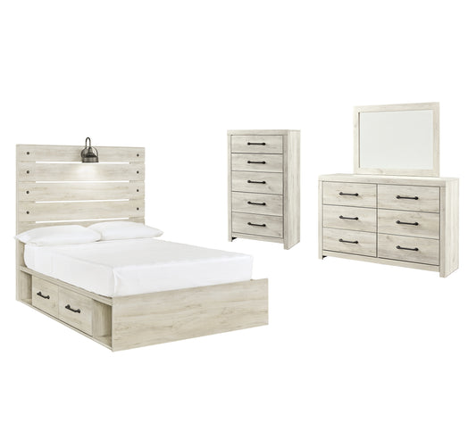 Cambeck Panel Bed With 4 Storage Drawers With Mirrored Dresser And Chest