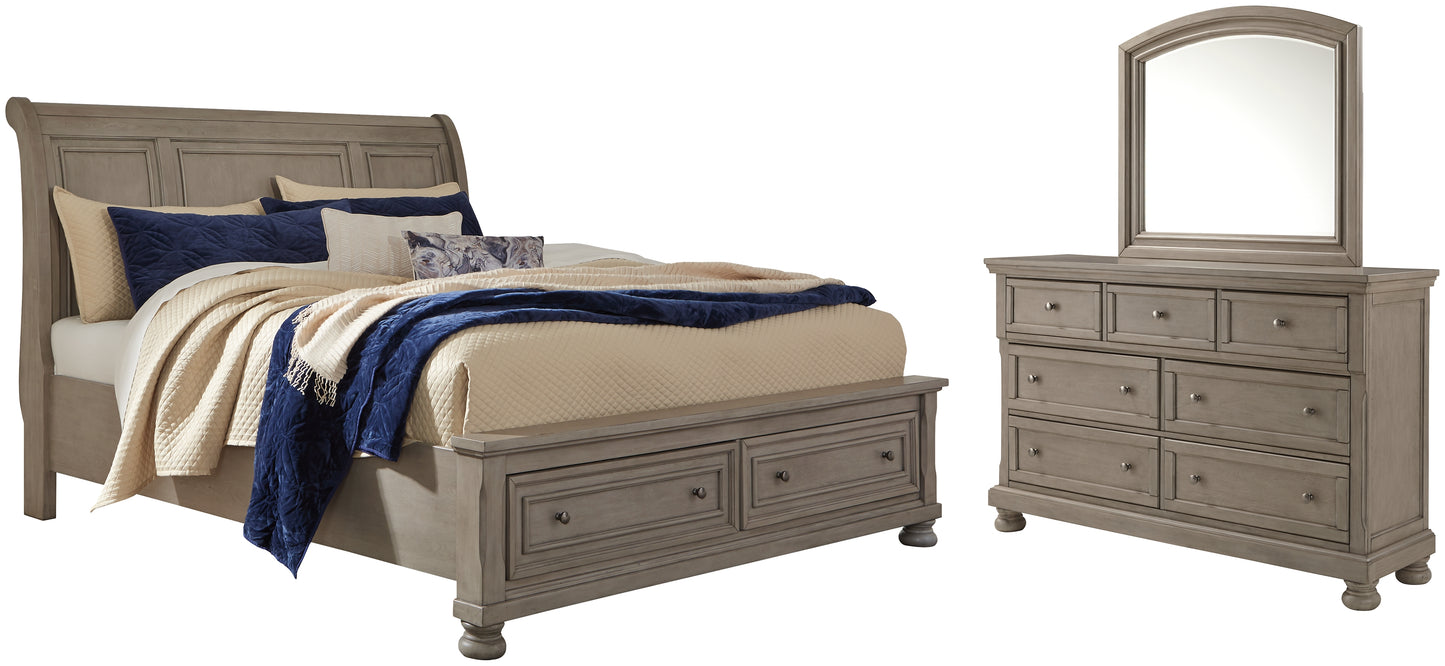 Cama tipo trineo Lettner con dos cajones y cómoda con espejo