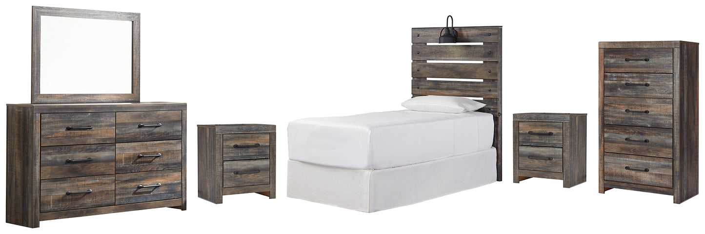 Drystan Panel Headboard With Mirrored Dresser, Chest And 2 Nightstands