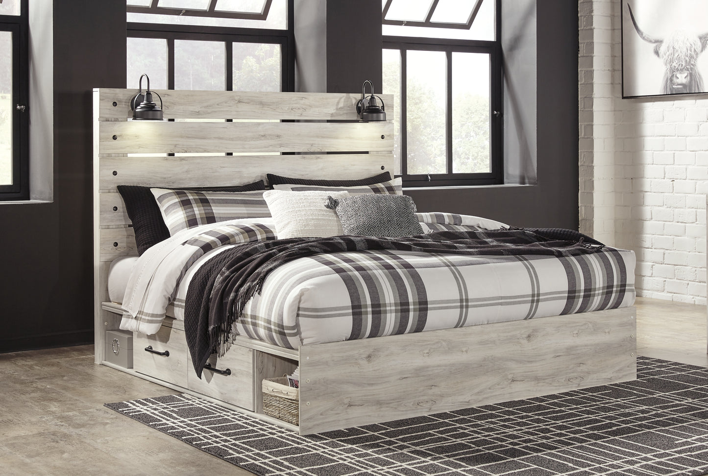 Cama con paneles Cambeck y dos cajones de almacenamiento con cómoda y espejo