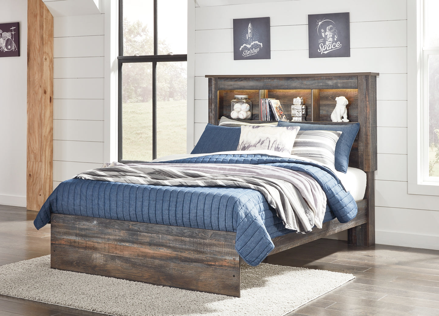 Drystan Bookcase Bed With Mirrored Dresser And 2 Nightstands