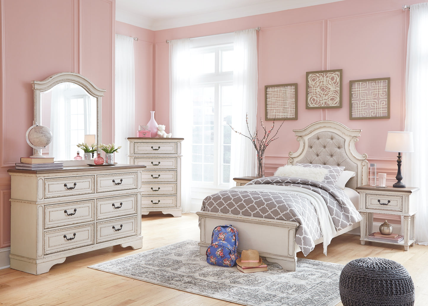 Realyn Panel Bed With Mirrored Dresser, Chest And Nightstand