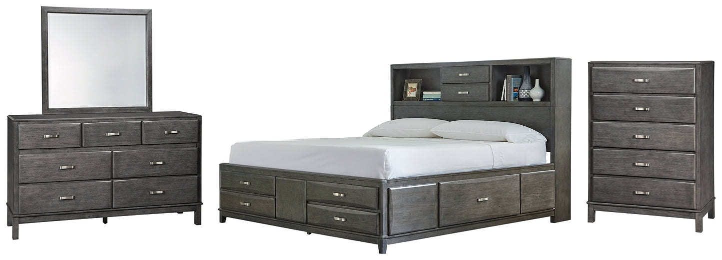 Cama Caitbrook con 8 cajones, cómoda con espejo y cómoda