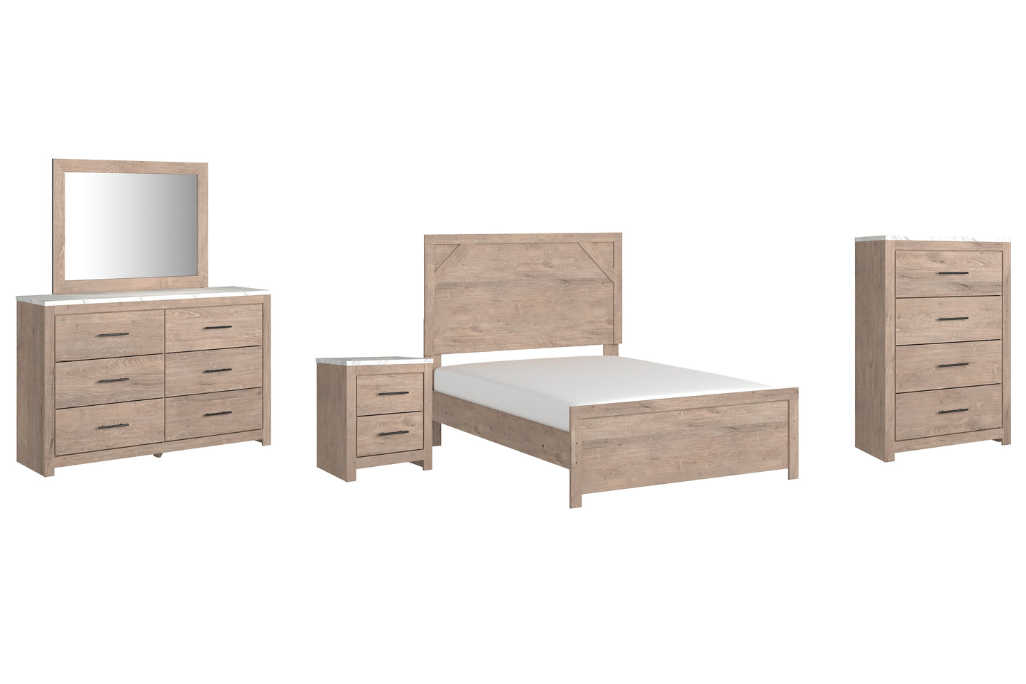Senniberg Panel Bed With Mirrored Dresser, Chest And Nightstand