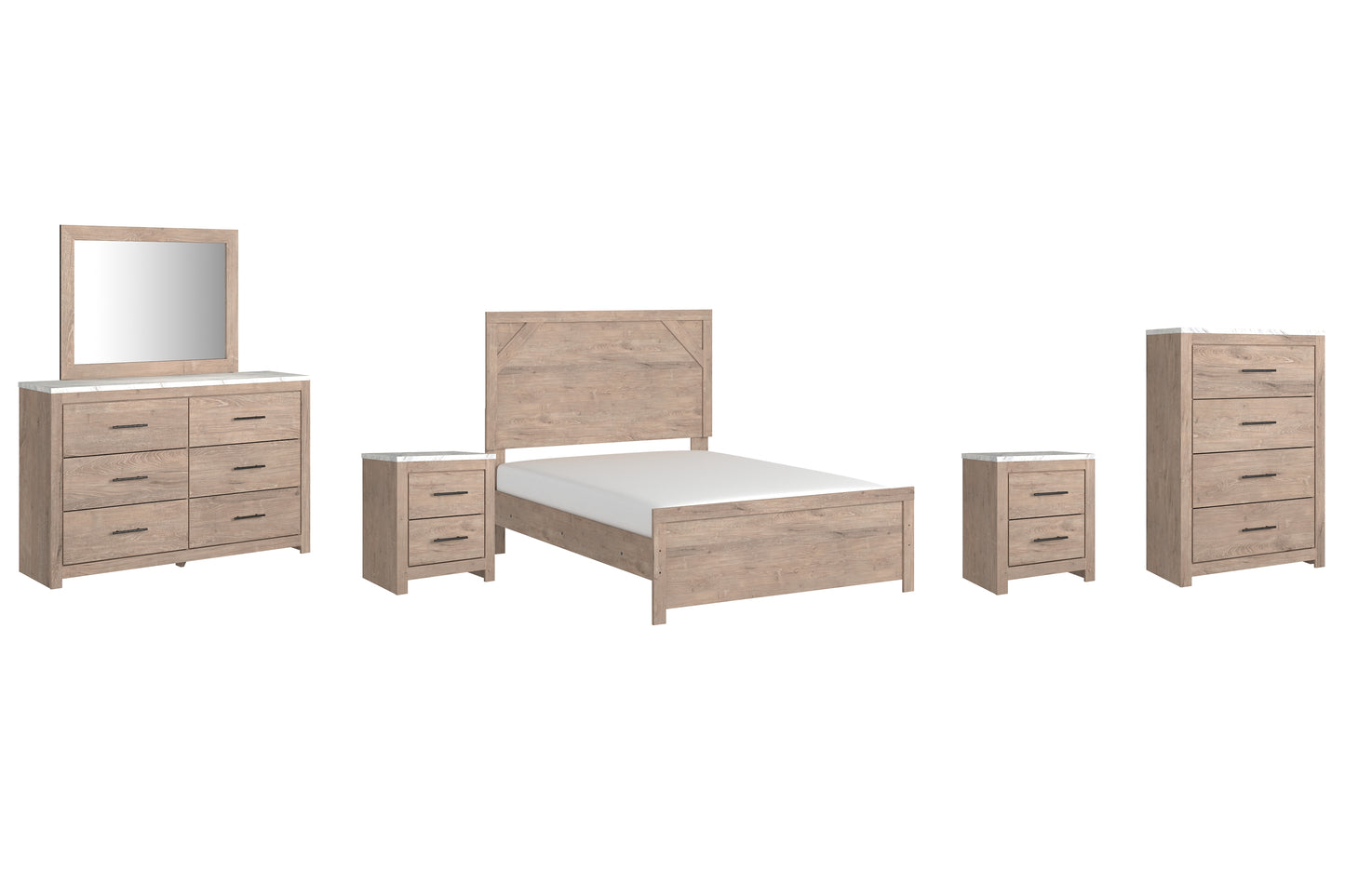 Senniberg Panel Bed With Mirrored Dresser, Chest And 2 Nightstands