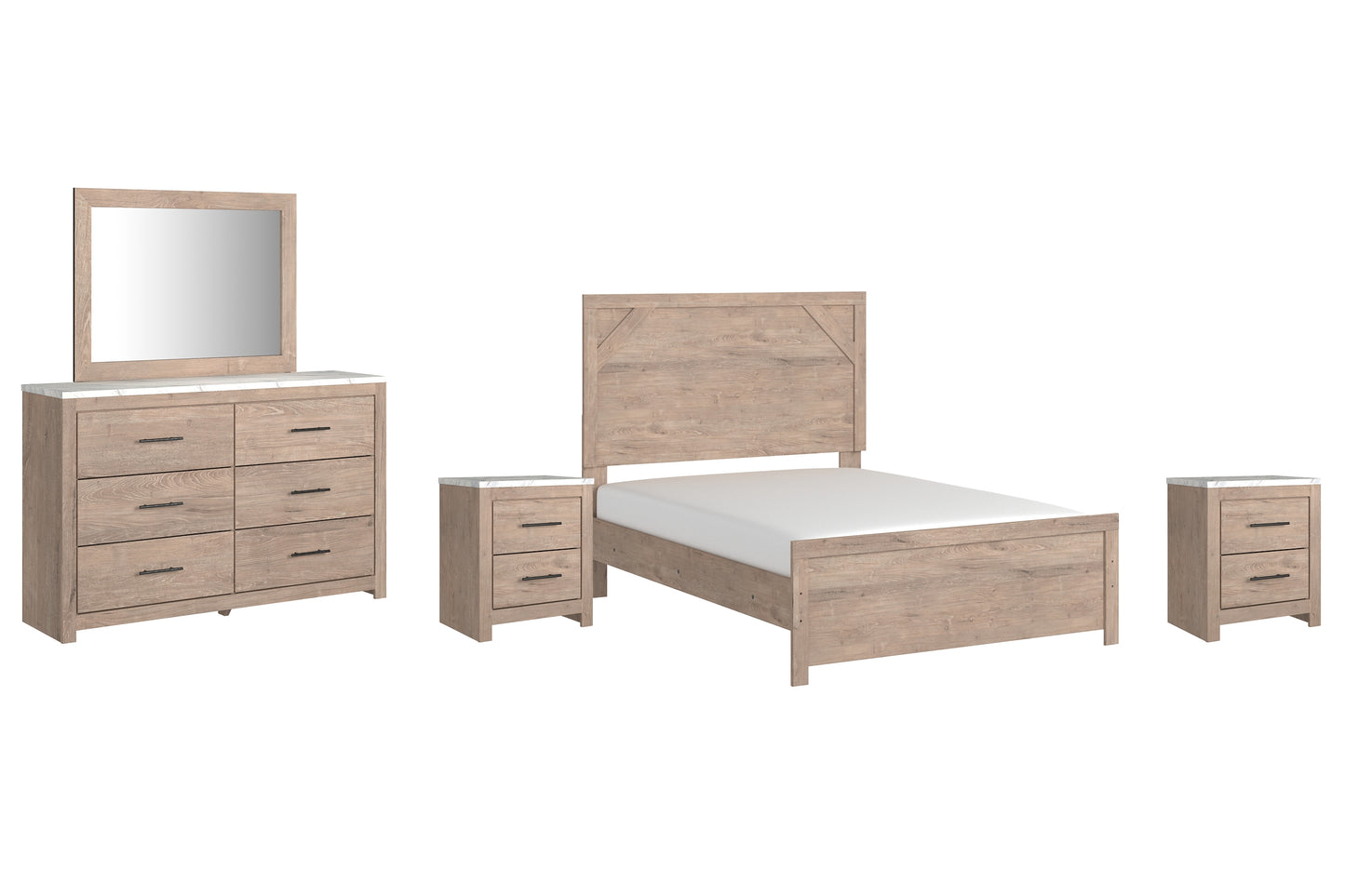 Senniberg Panel Bed With Mirrored Dresser And 2 Nightstands
