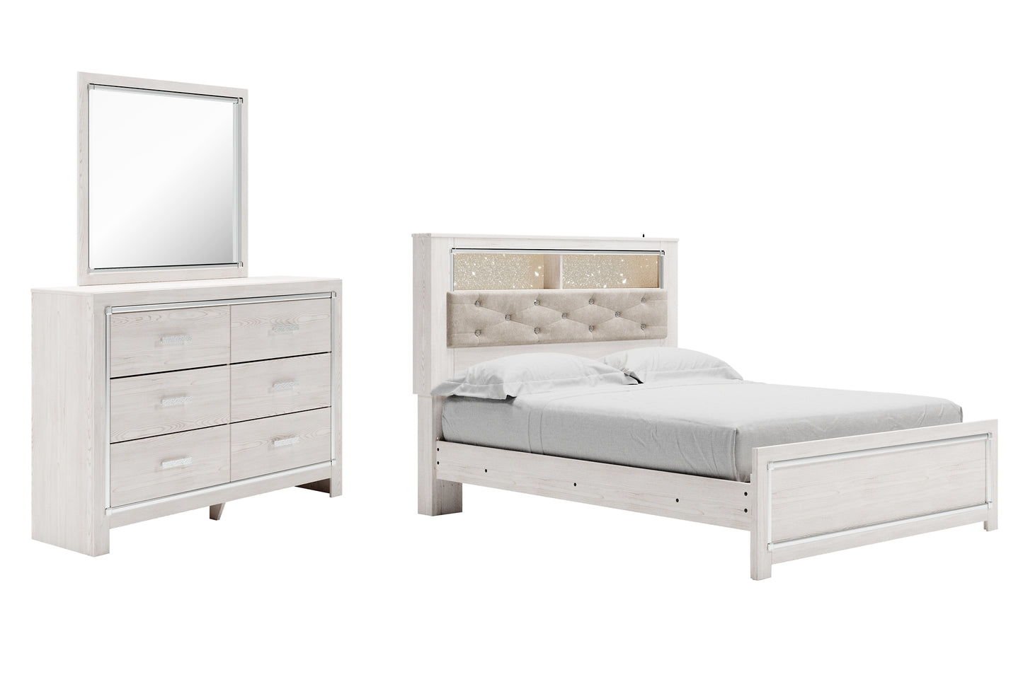 Cama-librería con paneles Altyra y cómoda con espejo