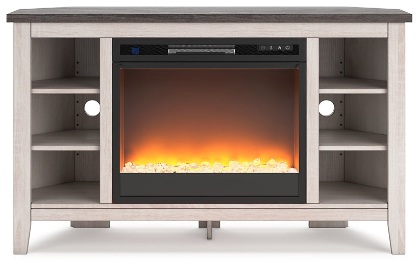 Mueble de TV esquinero Dorrinson con chimenea eléctrica