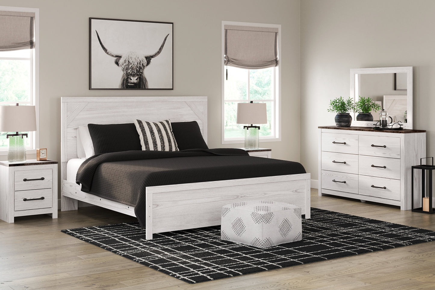Cama Gerridan con paneles, cómoda con espejo y mesita de noche