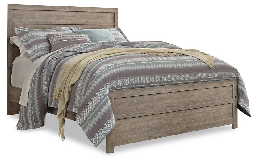 Cama Culverbach con paneles, cómoda con espejo y mesita de noche