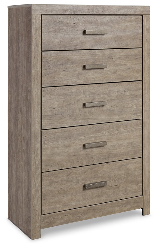 Cama Culverbach con paneles, cómoda con espejo y mesita de noche
