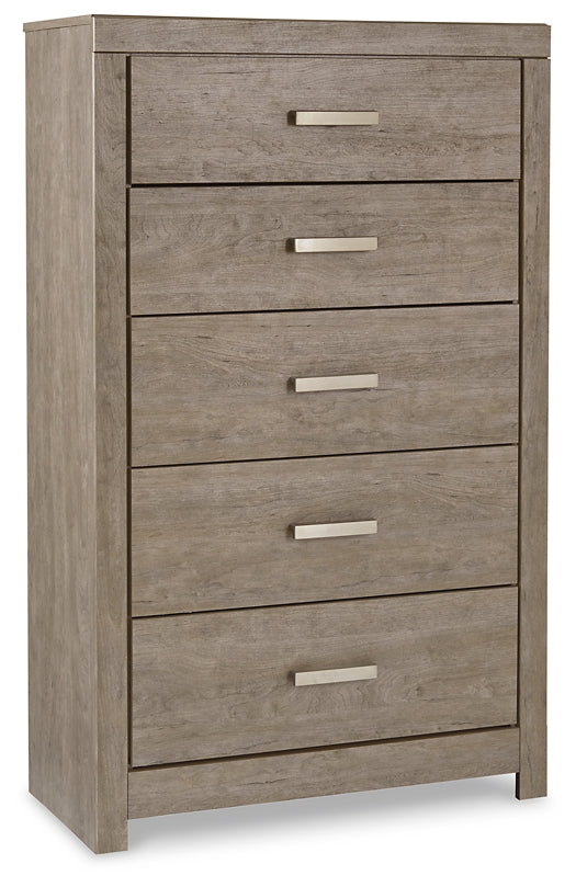Cama Culverbach con paneles, cómoda con espejo y mesita de noche