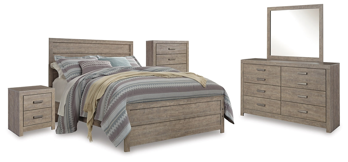 Cama Culverbach con paneles, cómoda con espejo y mesita de noche