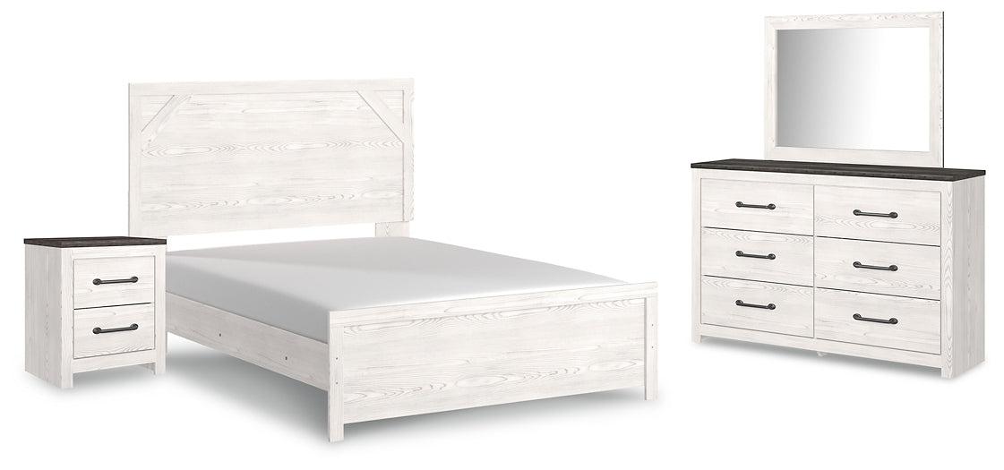 Cama Gerridan con paneles, cómoda con espejo y mesita de noche