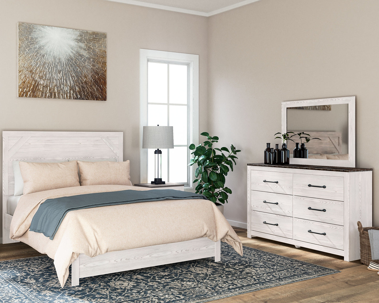Cama Gerridan con paneles, cómoda con espejo y mesita de noche