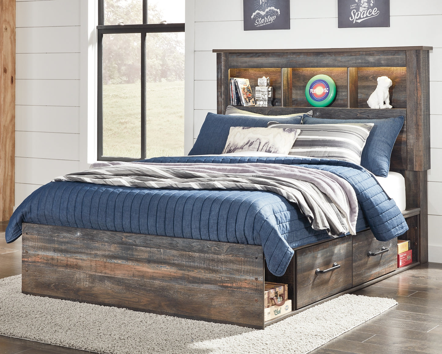 Drystan Bookcase Bed With 4 Storage Drawers With Mirrored Dresser, Chest And Nightstand