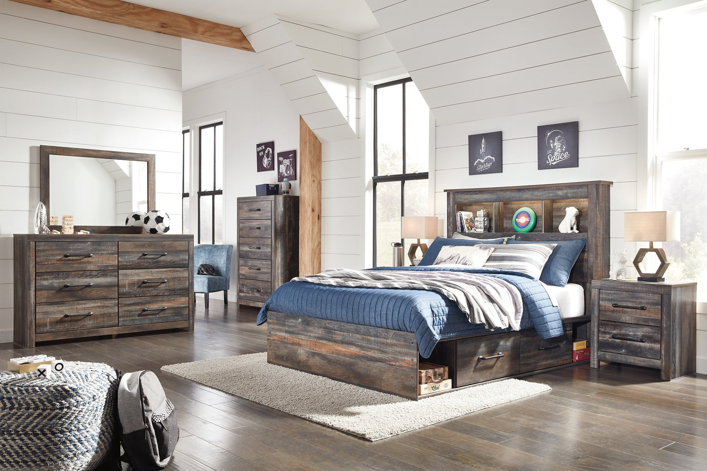 Drystan Bookcase Bed With 4 Storage Drawers With Mirrored Dresser, Chest And Nightstand