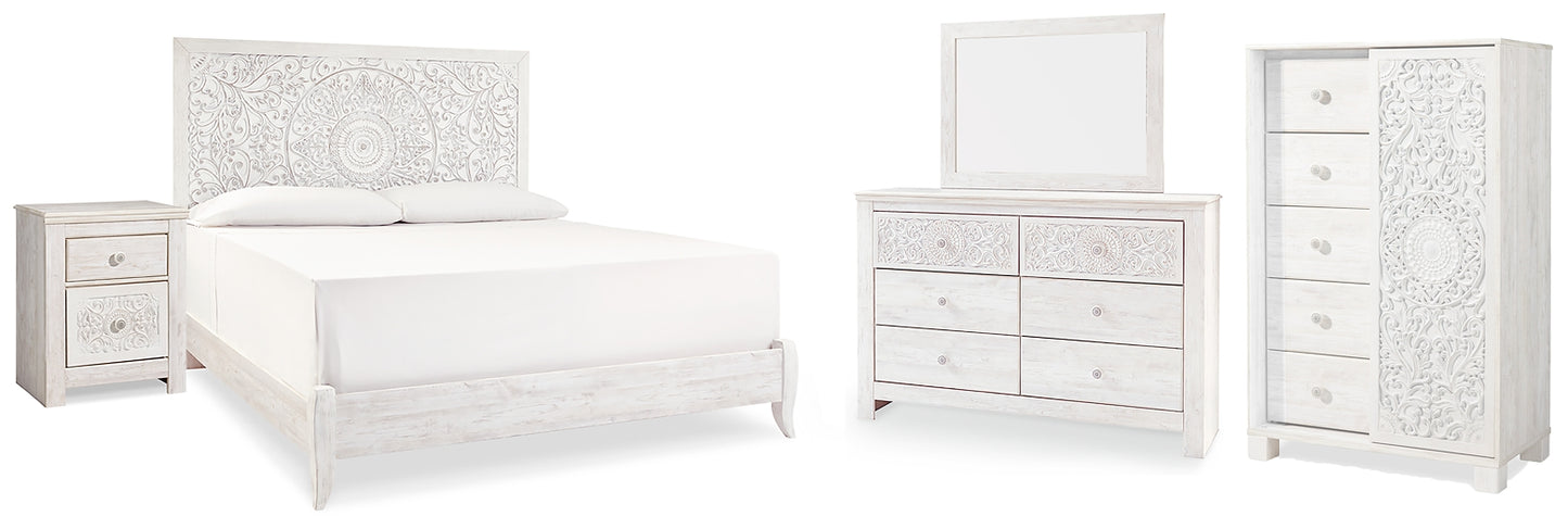 Cama Paxberry con paneles, cómoda con espejo y mesita de noche