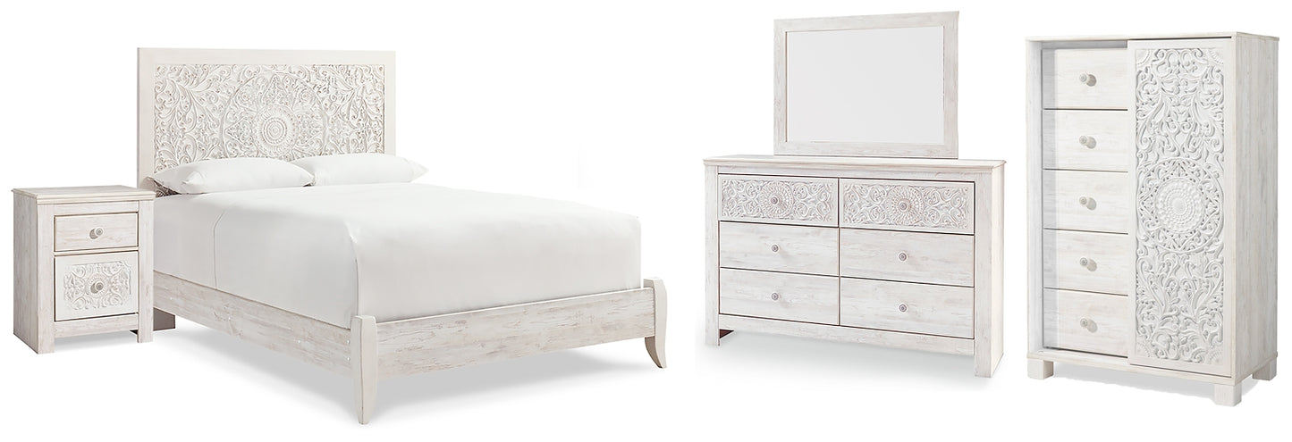 Cama Paxberry con paneles, cómoda con espejo y mesita de noche