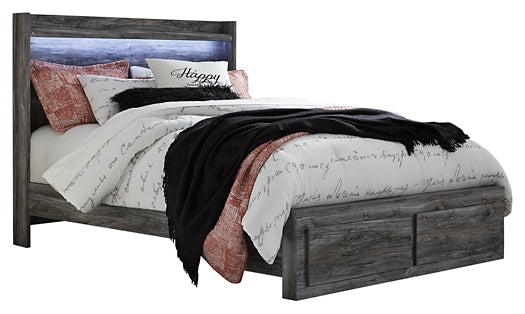 Cama Baystorm con dos cajones, cómoda con espejo y mesita de noche