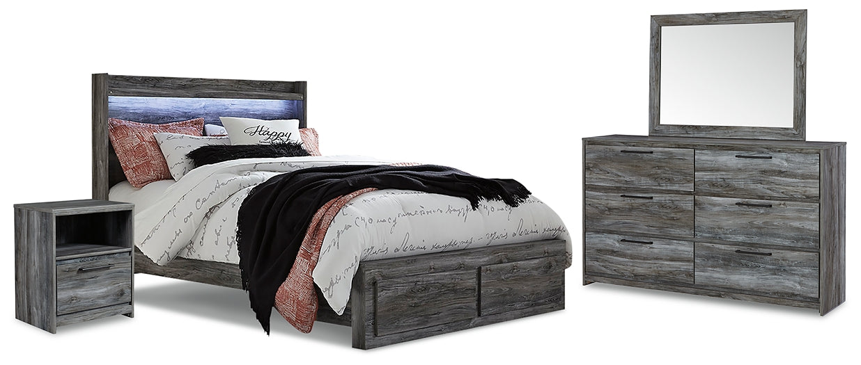 Cama Baystorm con dos cajones, cómoda con espejo y mesita de noche