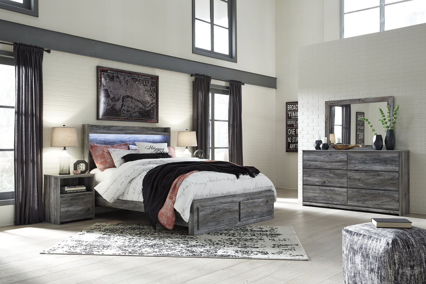 Cama Baystorm con dos cajones, cómoda con espejo y mesita de noche