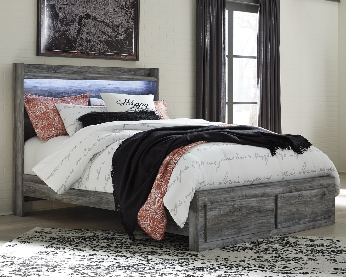 Cama Baystorm con dos cajones, cómoda con espejo y mesita de noche