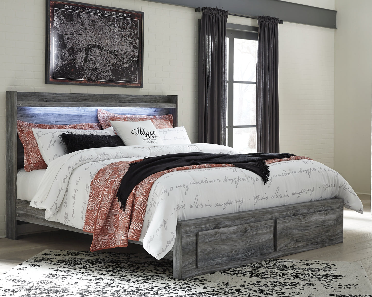 Cama Baystorm con dos cajones, cómoda con espejo y mesita de noche