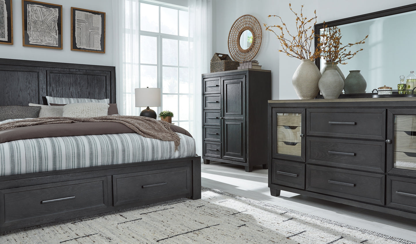 Cama Foyland con almacenamiento, tocador con espejo, cómoda y mesita de noche