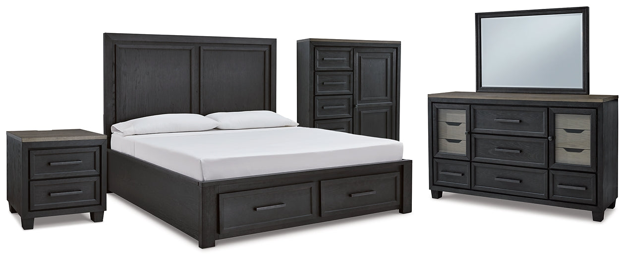 Cama Foyland con almacenamiento, tocador con espejo, cómoda y mesita de noche