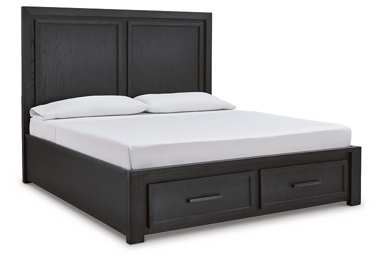 Cama Foyland con almacenamiento, tocador con espejo, cómoda y mesita de noche
