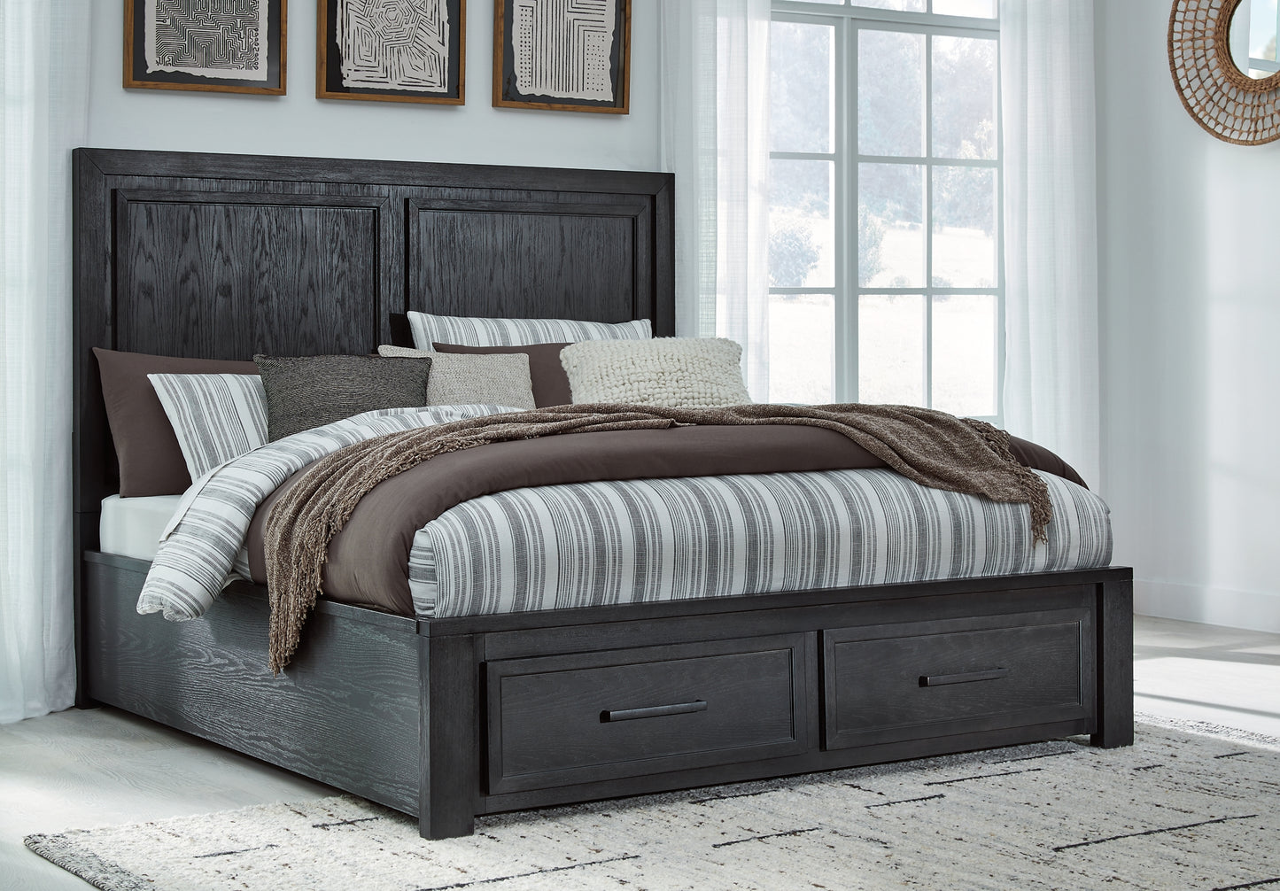 Cama Foyland con almacenamiento, tocador con espejo, cómoda y mesita de noche