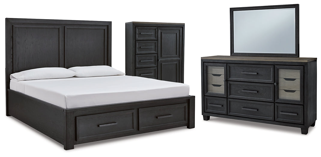 Cama Foyland con almacenamiento, tocador con espejo y cómoda
