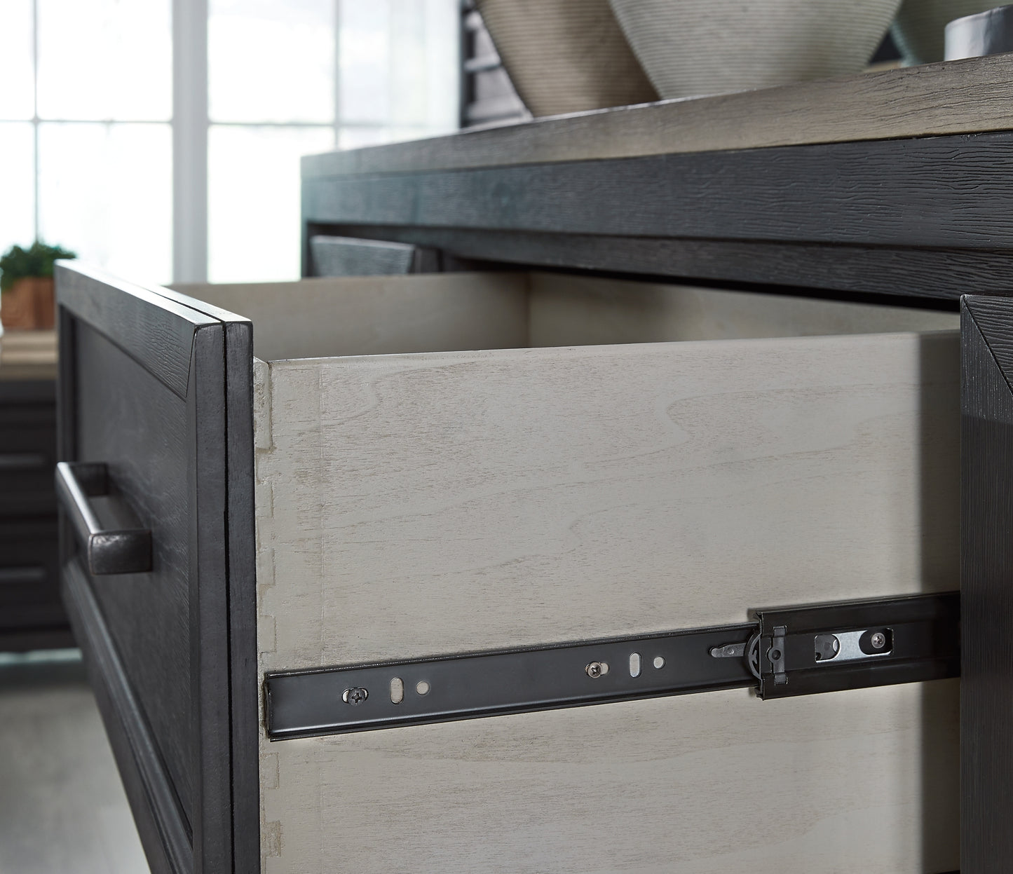 Cama Foyland con almacenamiento, tocador con espejo y cómoda