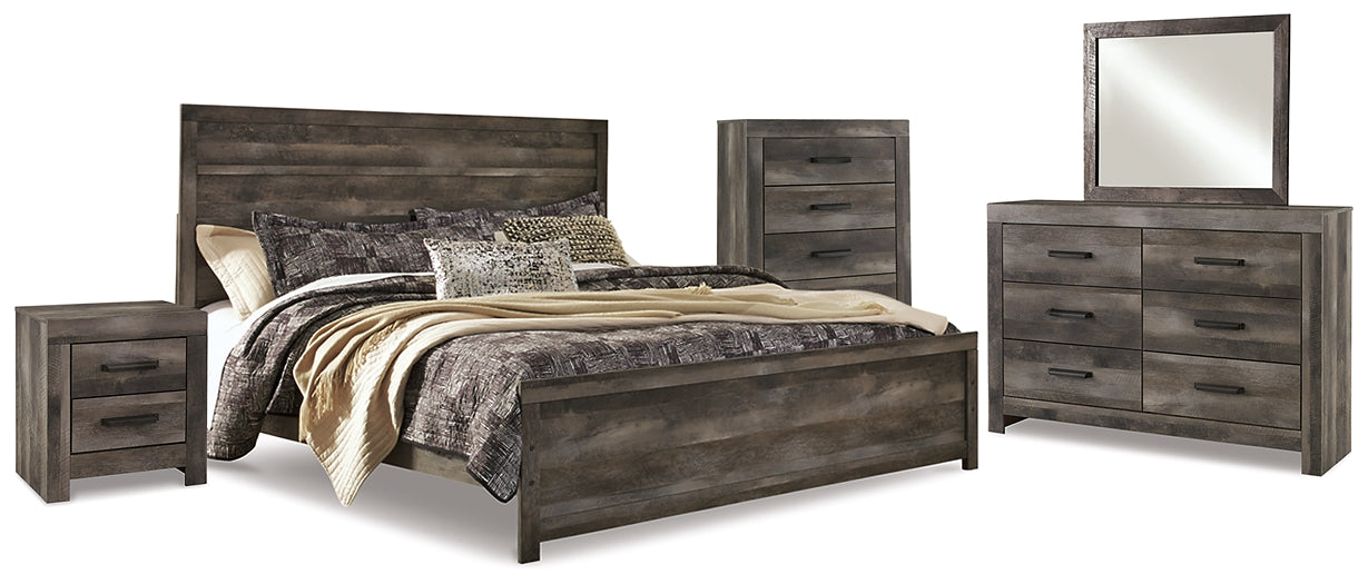 Cama con paneles Wynnlow, cómoda con espejo y mesita de noche