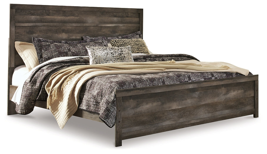 Cama con paneles Wynnlow, cómoda con espejo y mesita de noche