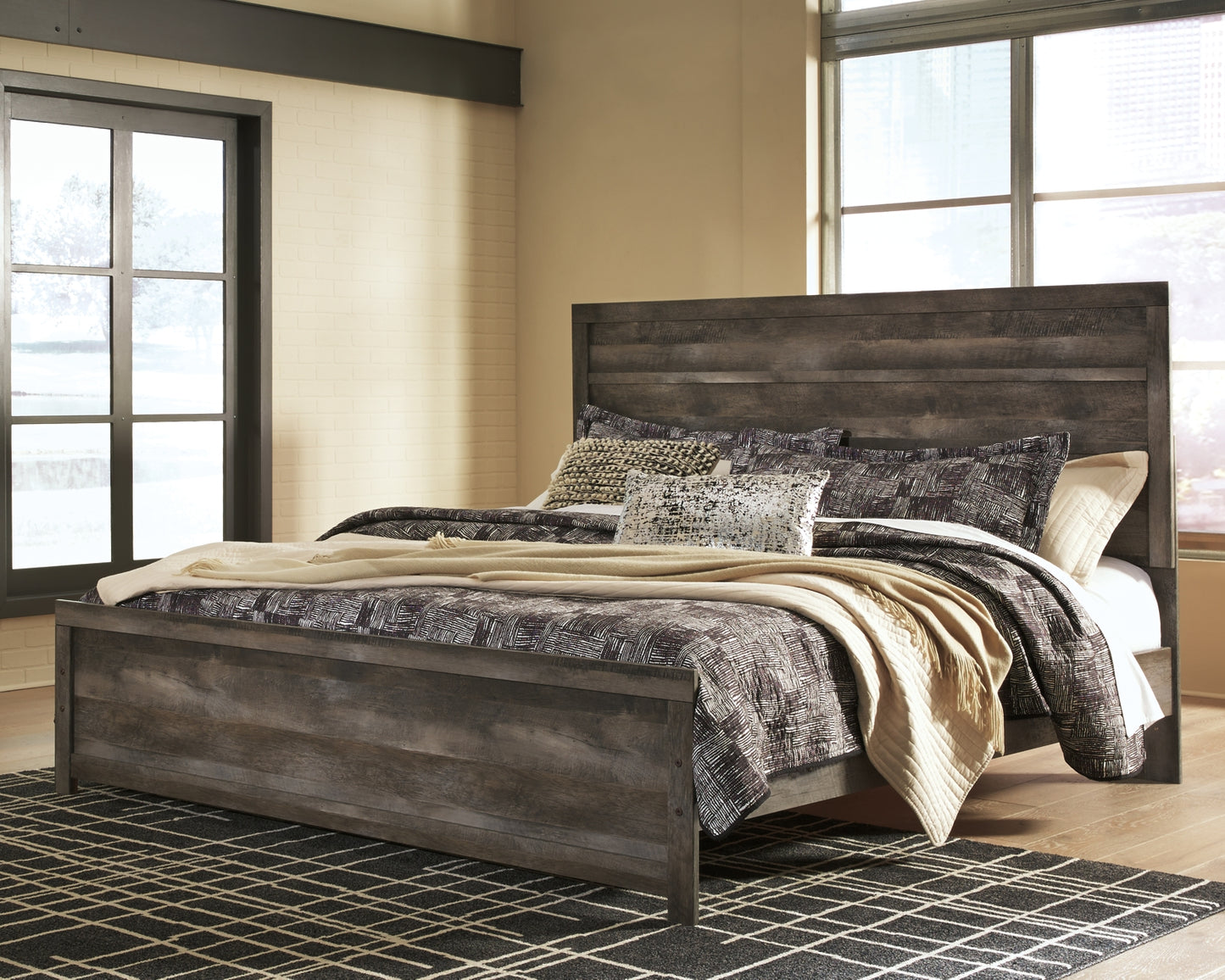 Cama con paneles Wynnlow, cómoda con espejo y mesita de noche