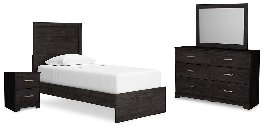 Cama con paneles Belachime, tocador con espejo y mesita de noche