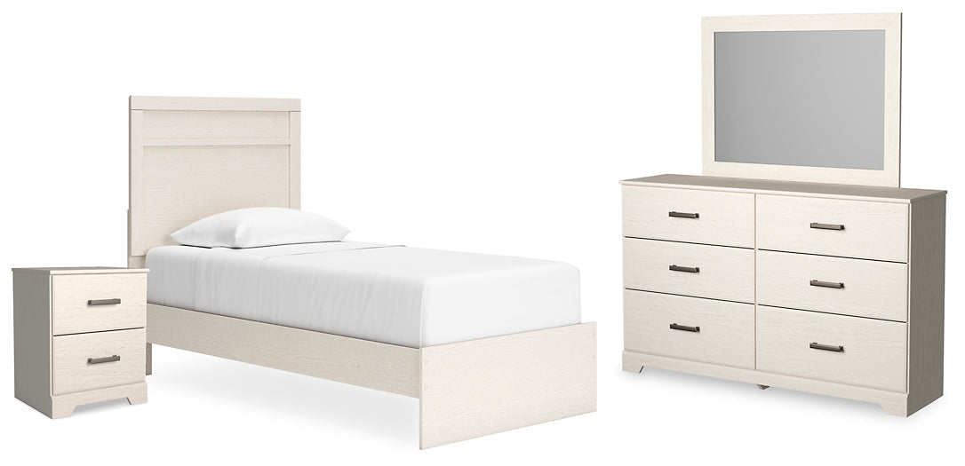 Cama Stelsie con paneles, cómoda con espejo y mesita de noche