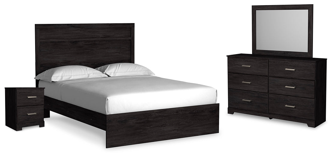 Cama con paneles Belachime, tocador con espejo y mesita de noche