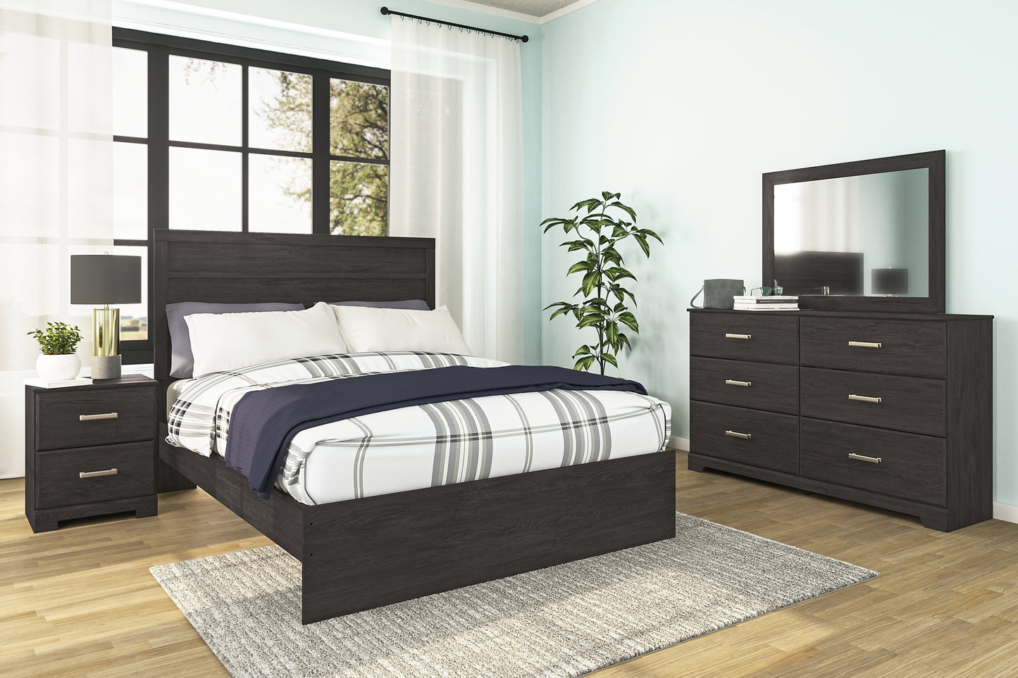 Cama con paneles Belachime, tocador con espejo y mesita de noche