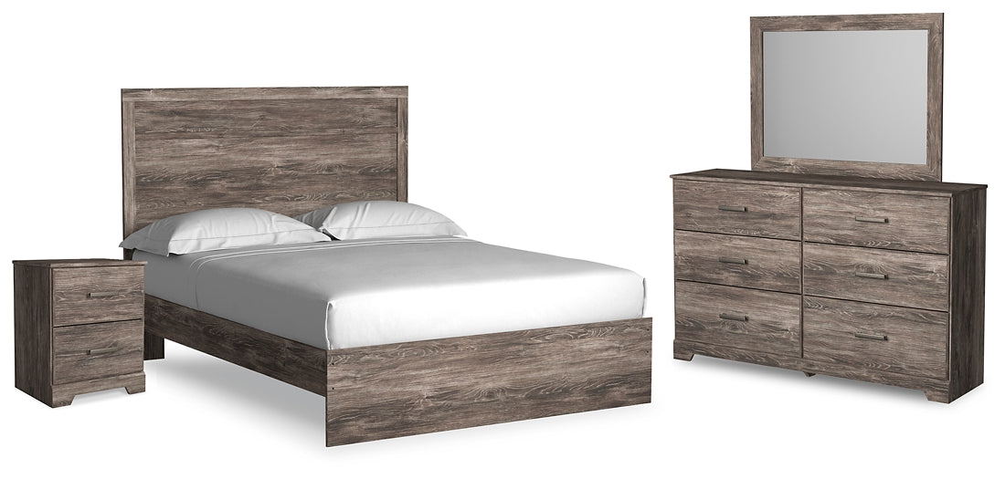 Cama Ralinksi con paneles, cómoda con espejo y mesita de noche