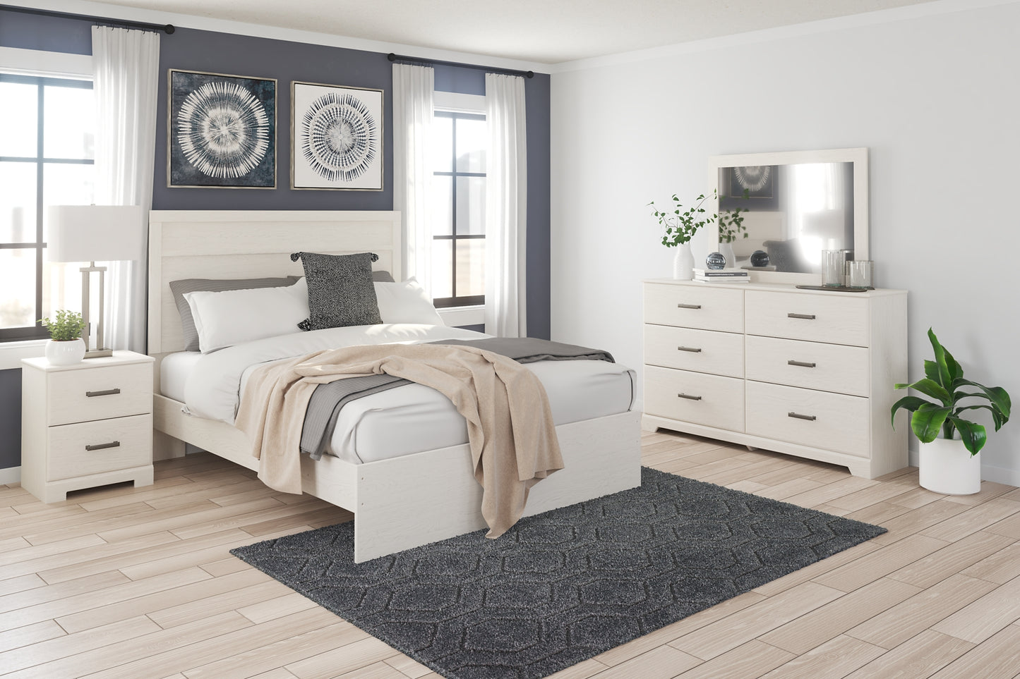Cama Stelsie con paneles, cómoda con espejo y mesita de noche