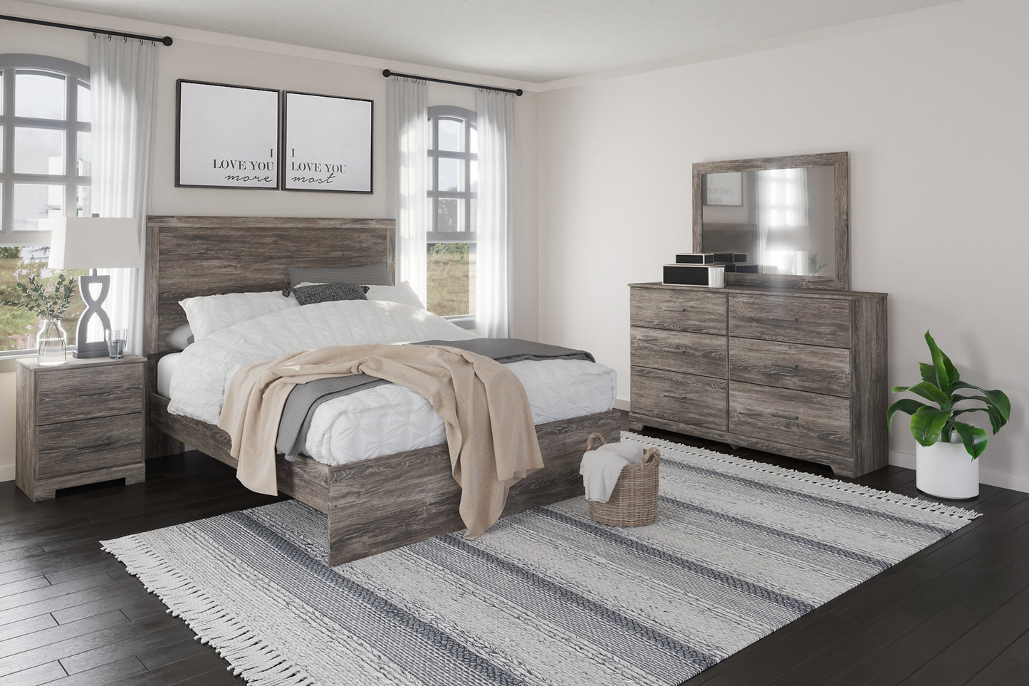 Cama Ralinksi con paneles, cómoda con espejo y mesita de noche