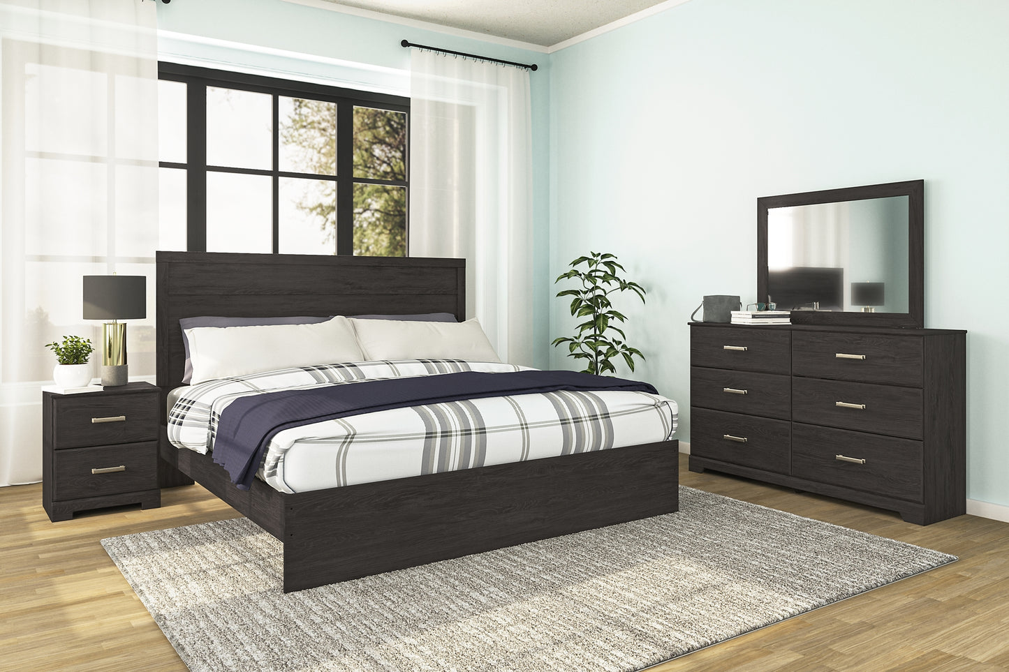Cama con paneles Belachime, tocador con espejo y mesita de noche