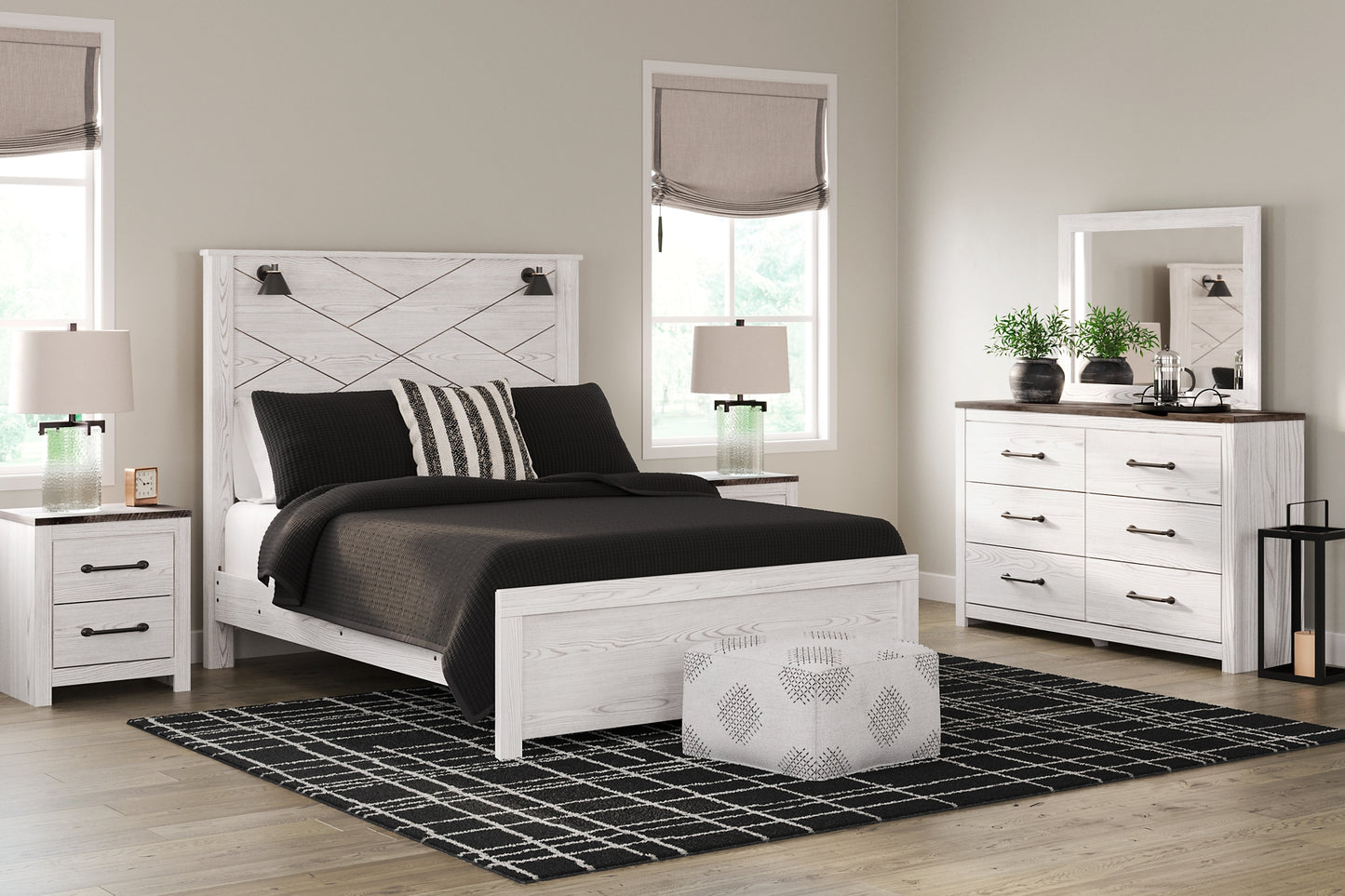 Cama con paneles Gerridan y tocador con espejo